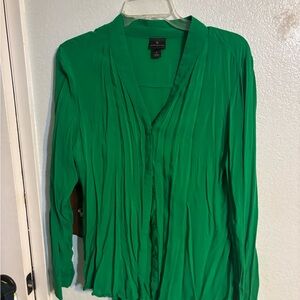 Worthington Green Pleated Long Sleeve Blouse with Mandarin Collar